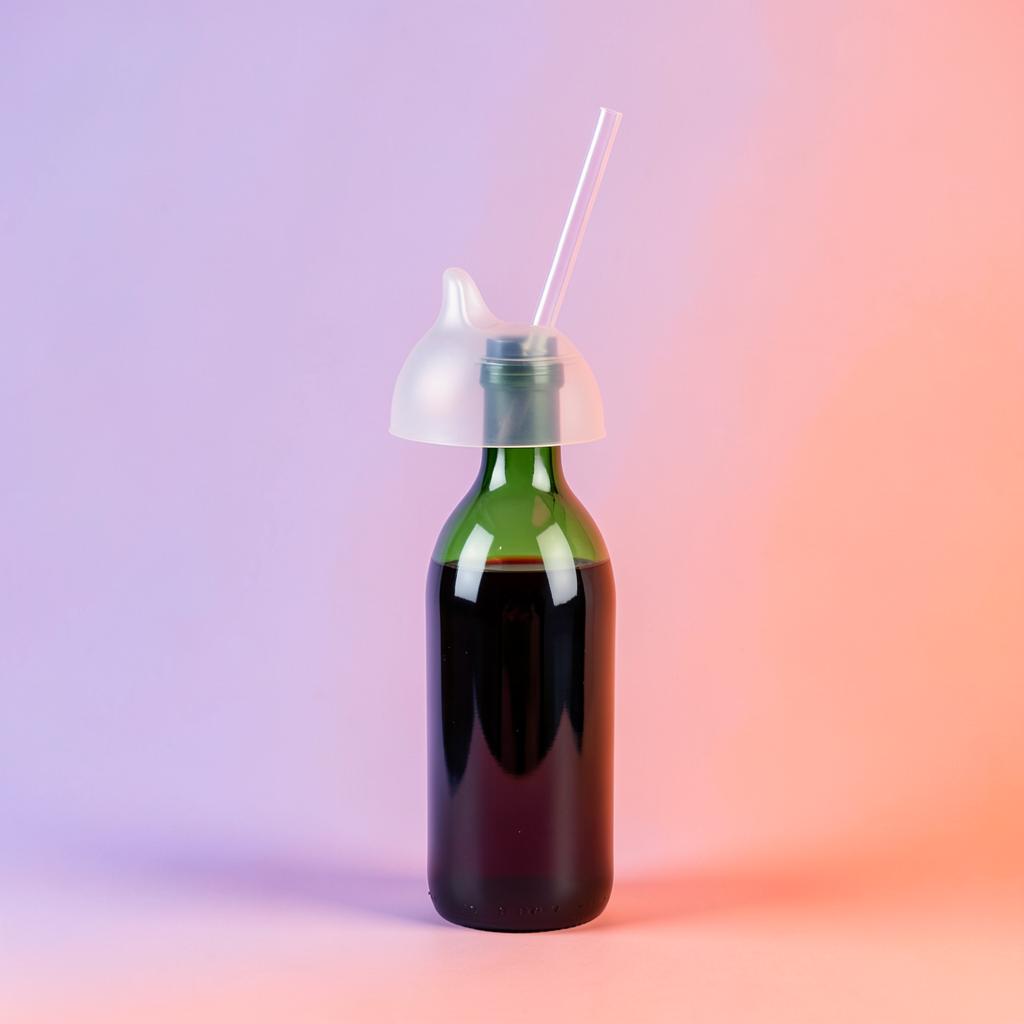 A wine bottle fitted with a translucent sippy-cup lid and a long straw